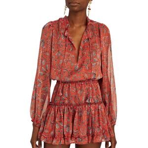 MISA Lorena Paisley Print Chiffon Mini Dress Smocked Waist Long Sleeve Red Large
